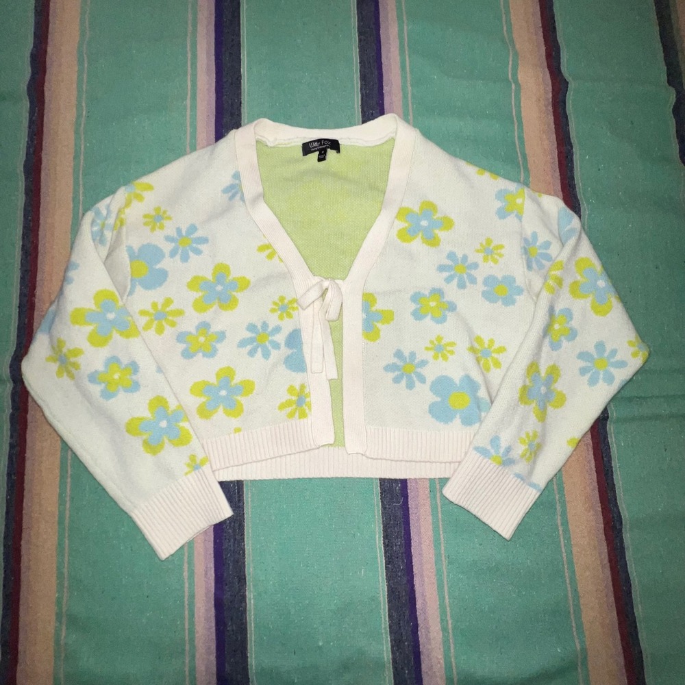 Witty Fox Floral Cardigan Womens M White Blue Lime Tie Front Cropped Sweater